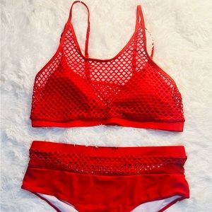Red Floerns Swimsuit - Fishnet High Waist Bikini - NEW
